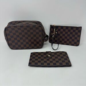 Daisy Rose Checkered 3 Lot Makeup Bag Pouch Wallet Brown Zip Credit Card Holder